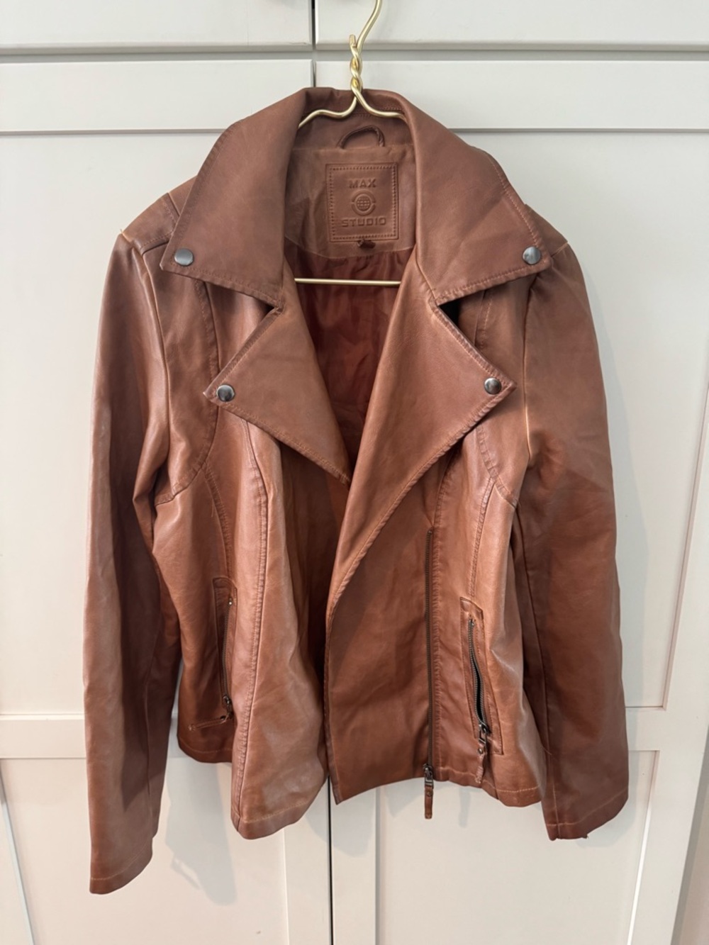 Max Studio Cognac Brown Leather Moto Jacket